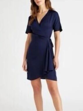 Quince Navy Blue Stretch Silk Wrap Dress Short Sleeve Size Small